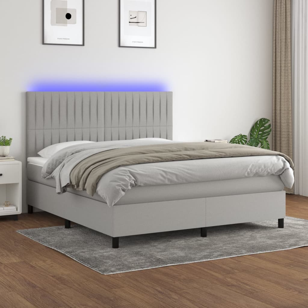 Box Spring Postel S Matrací A Led Textil Světle Šedá