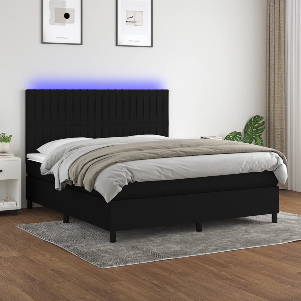 Box Spring Postel S Matrací A Led Černá Textil Černá
