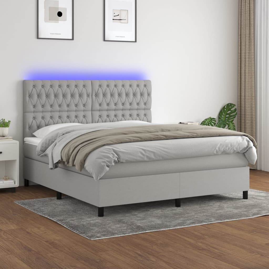 Box Spring Postel S Matrací A Led Textil Světle Šedá