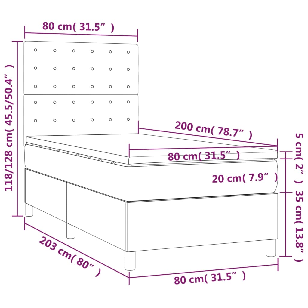 Box Spring Postel S Matrací A Led Tmavě Hnědá 80X200 Cm Textil
