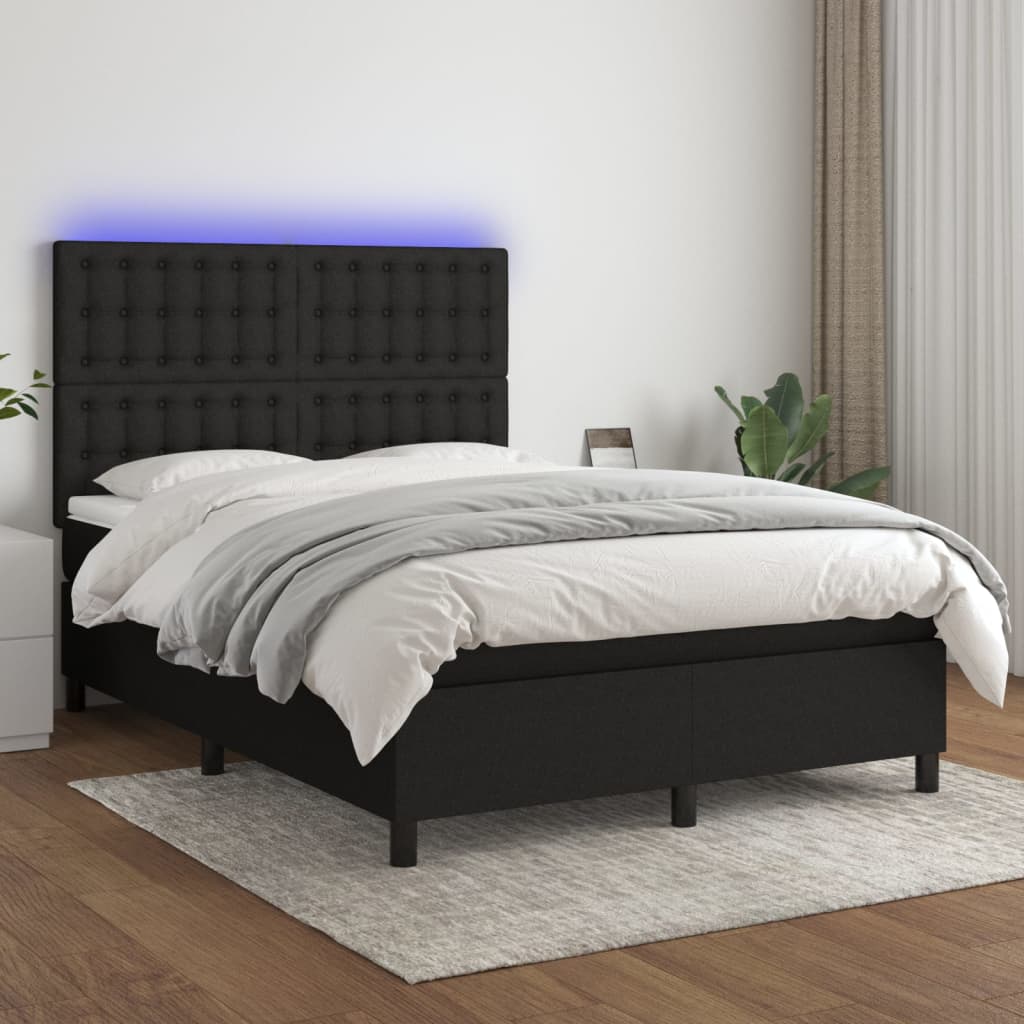 Box Spring Postel S Matrací A Led Černá Textil Černá