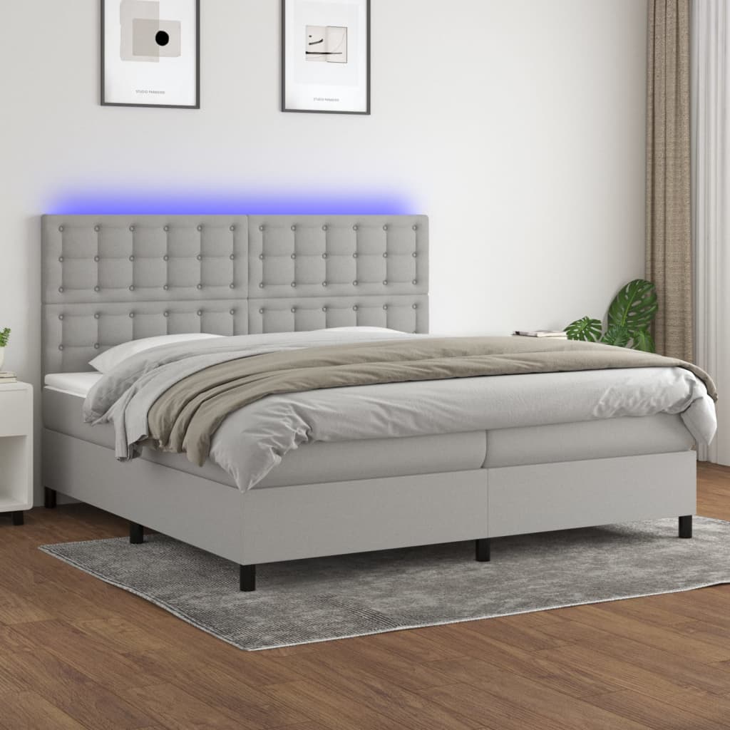 Box Spring Postel S Matrací A Led Textil Světle Šedá