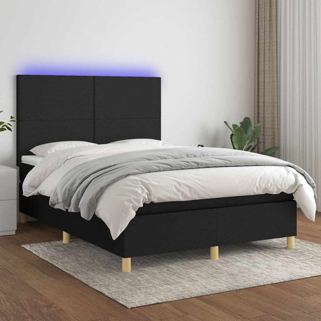 Box Spring Postel S Matrací A Led Černá Textil Černá