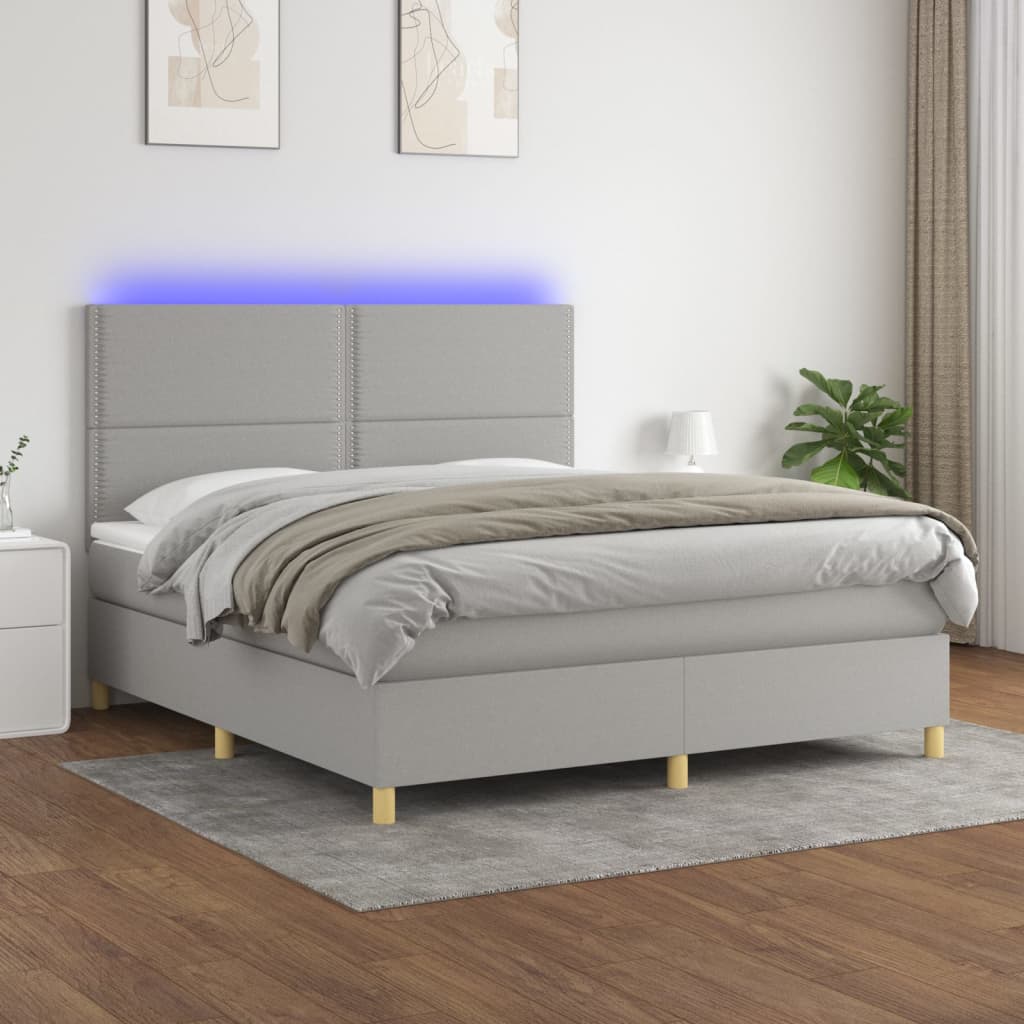 Box Spring Postel S Matrací A Led Textil Světle Šedá