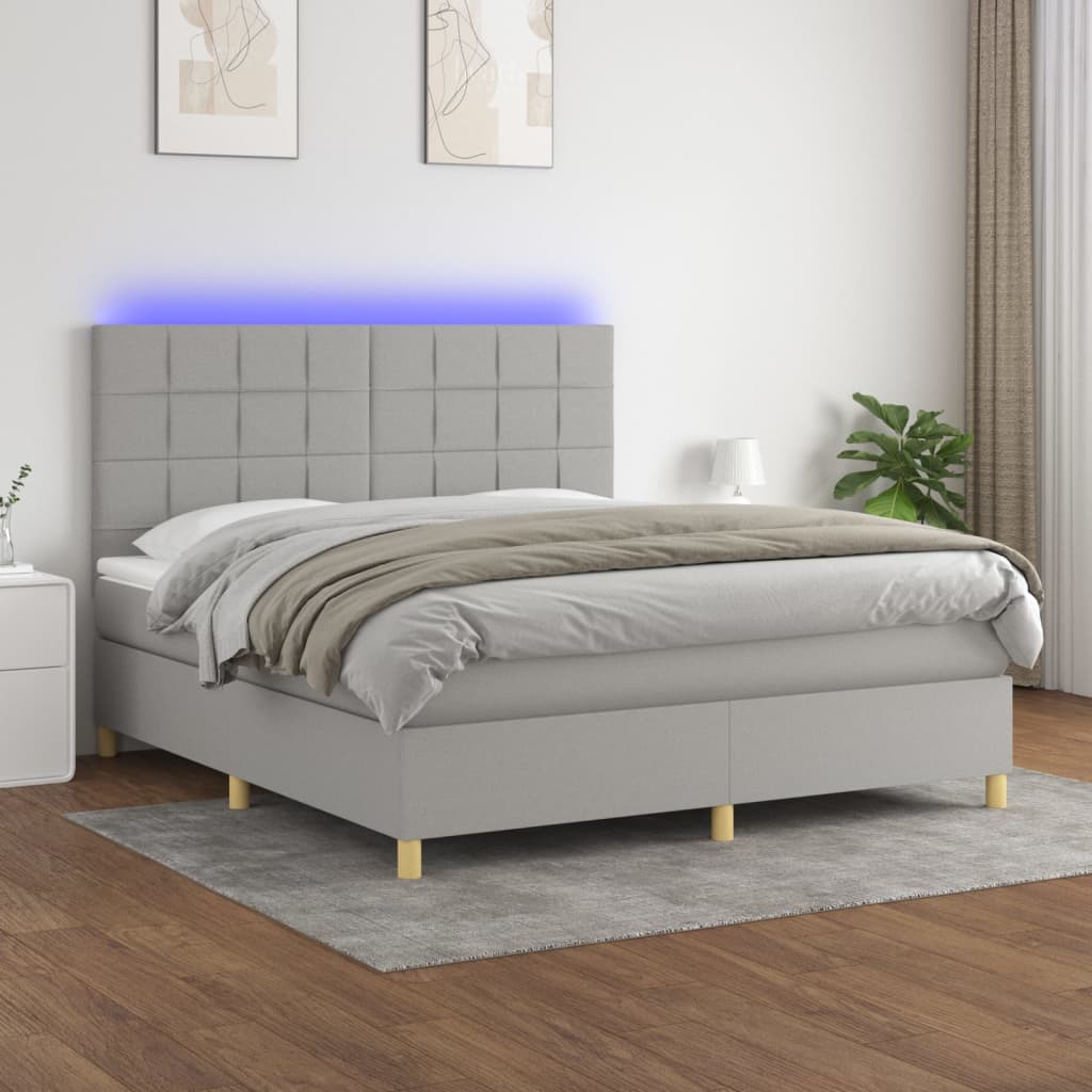 Box Spring Postel S Matrací A Led Textil Světle Šedá