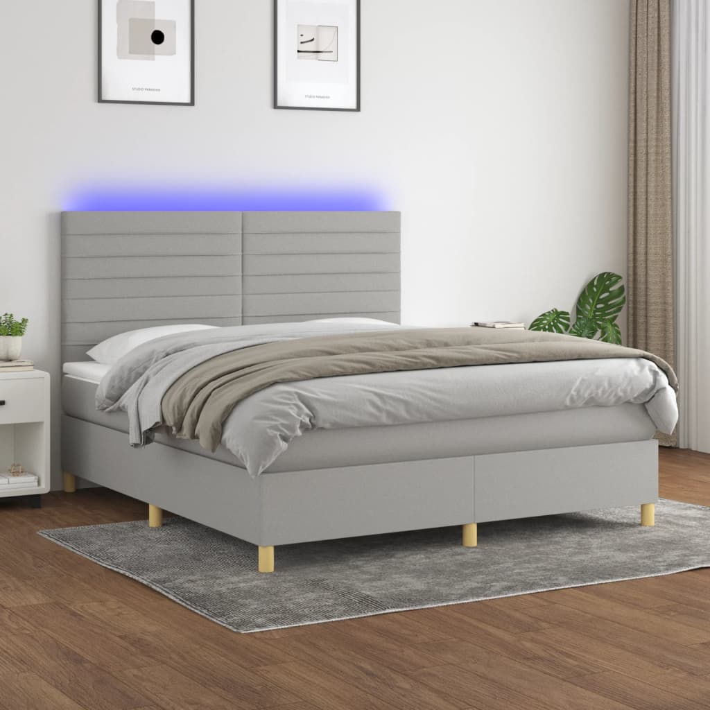 Box Spring Postel S Matrací A Led Textil Světle Šedá