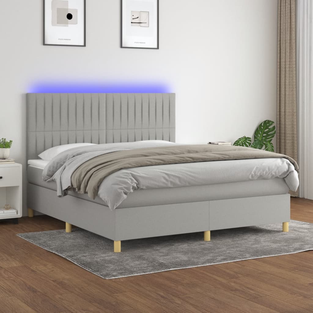 Box Spring Postel S Matrací A Led Textil Světle Šedá
