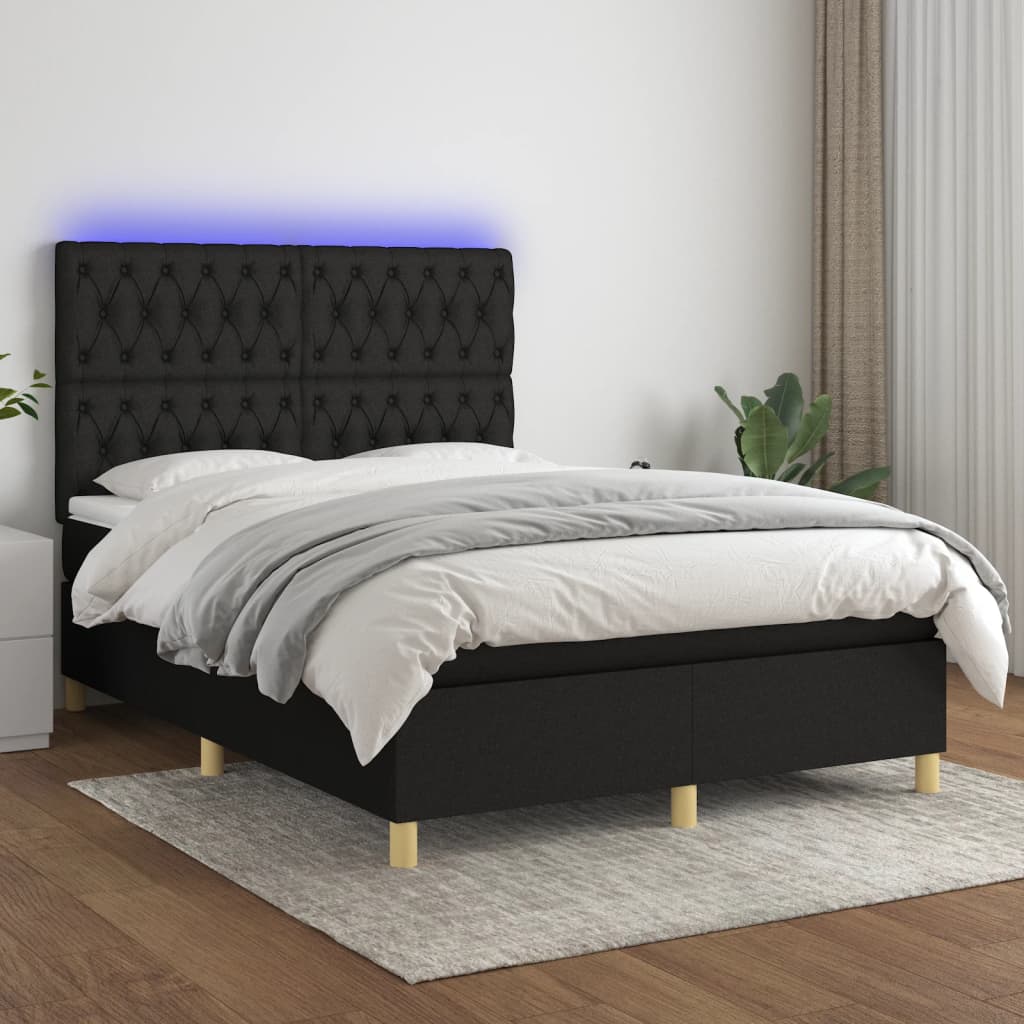 Box Spring Postel S Matrací A Led Černá Textil Černá