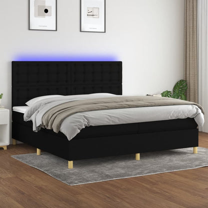 Box Spring Postel S Matrací A Led Černá Textil Černá