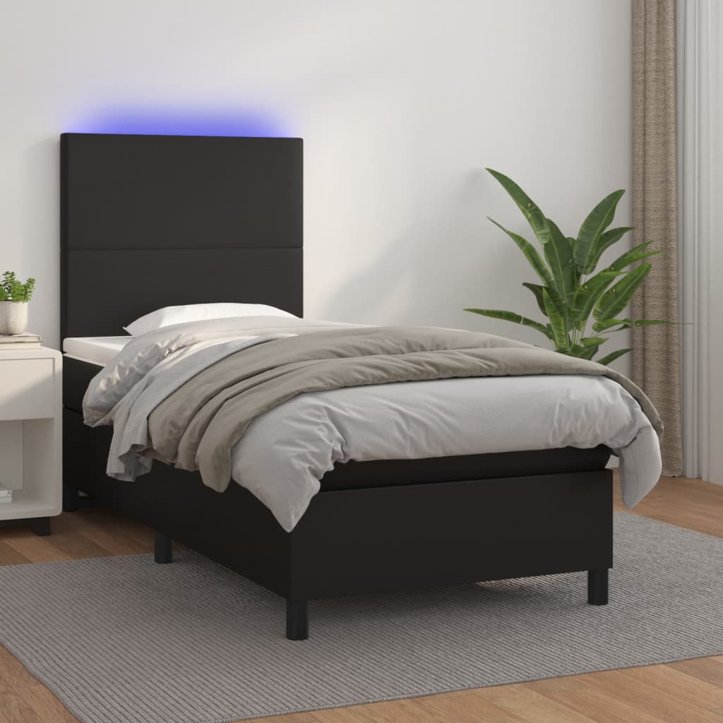 Box Spring Postel S Matrací A Led Černá Umělá Kůže Černá