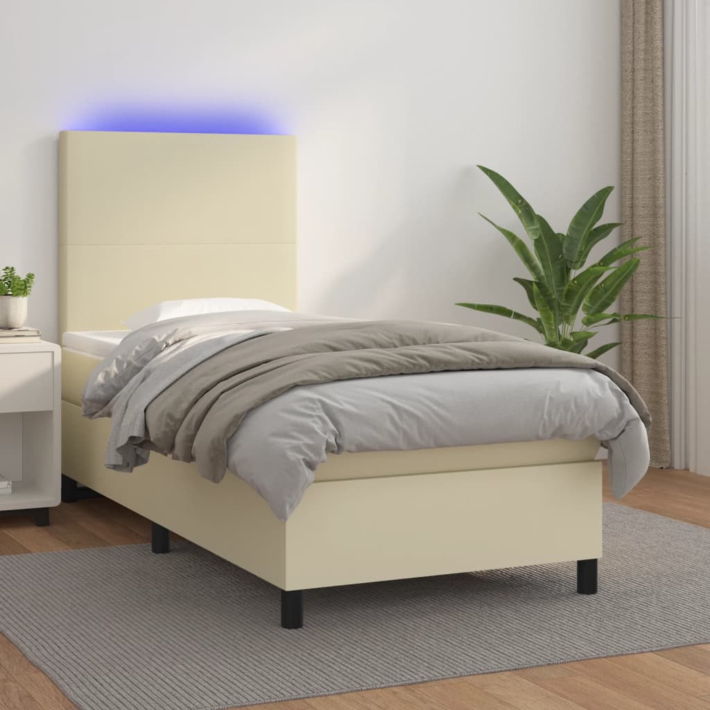 Box Spring Postel S Matrací A Led Krémová 80X200 Cm Umělá Kůže