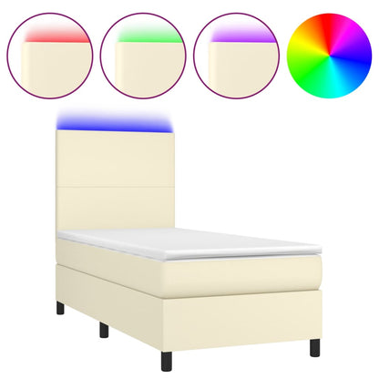Box Spring Postel S Matrací A Led Krémová 90X190 Cm Umělá Kůže