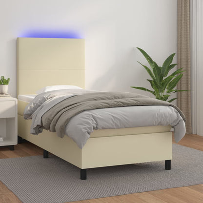 Box Spring Postel S Matrací A Led Krémová 90X190 Cm Umělá Kůže