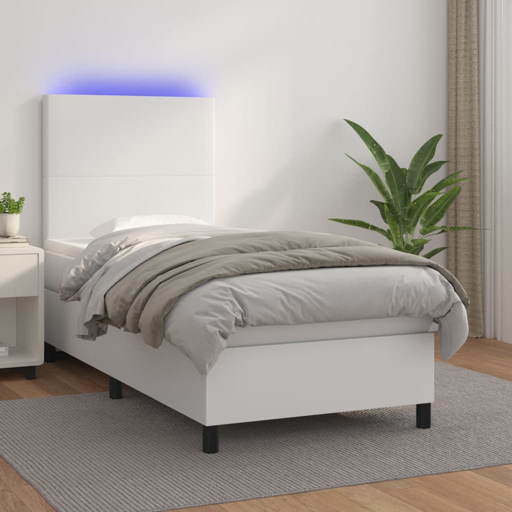 Box Spring Postel S Matrací A Led Umělá Kůže Bílá