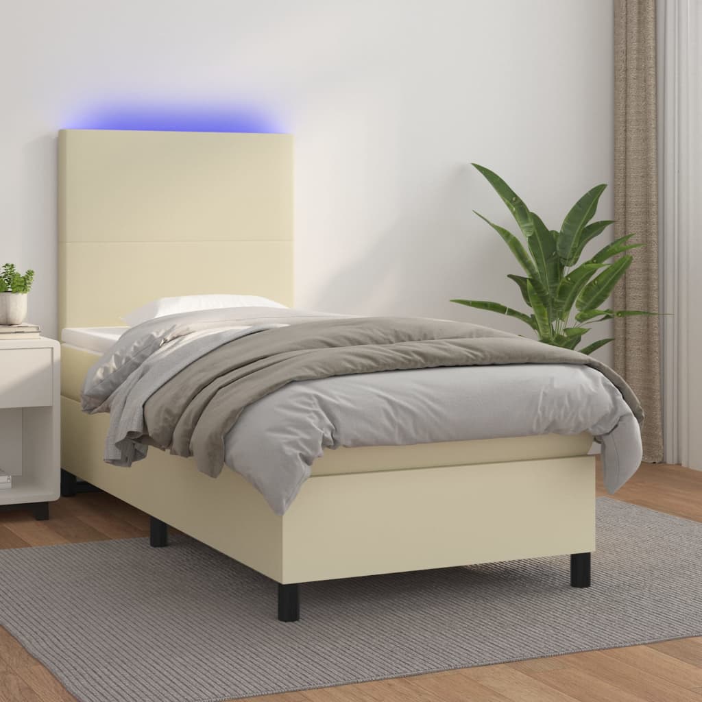 Box Spring Postel S Matrací A Led Krémová 100X200 Cm Umělá Kůže