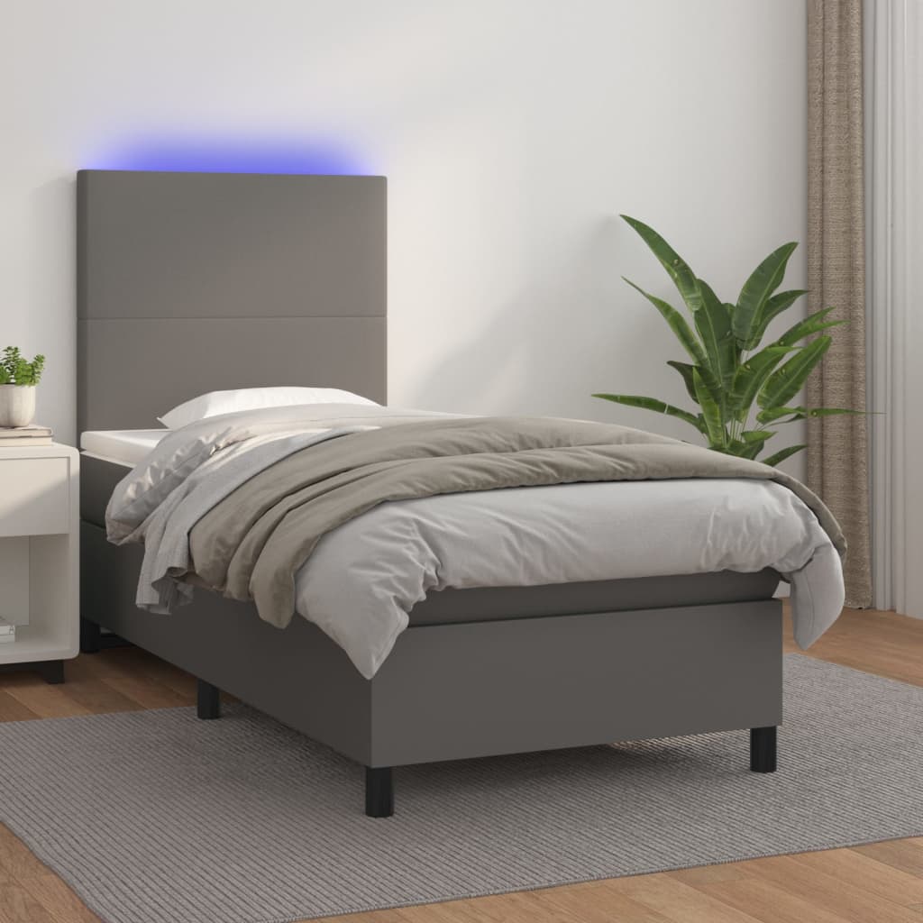 Box Spring Postel S Matrací A Led Šedá Umělá Kůže Šedá