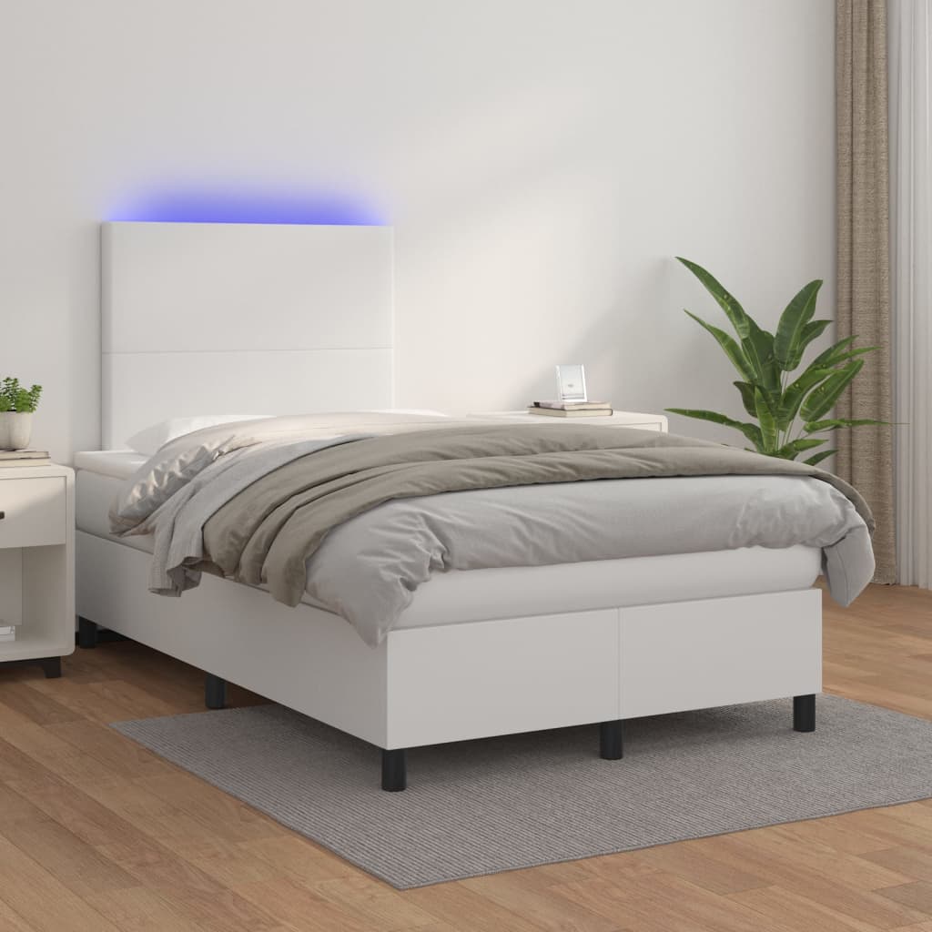Box Spring Postel S Matrací A Led Umělá Kůže Bílá