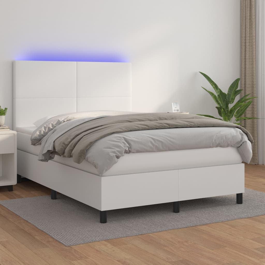 Box Spring Postel S Matrací A Led Umělá Kůže Bílá