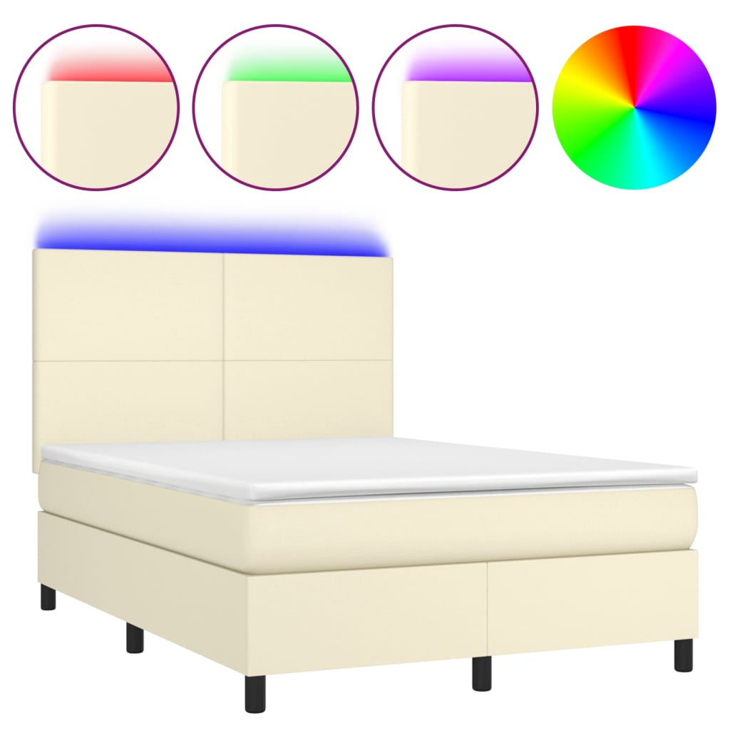 Box Spring Postel S Matrací A Led Krémová 140X190 Cm Umělá Kůže