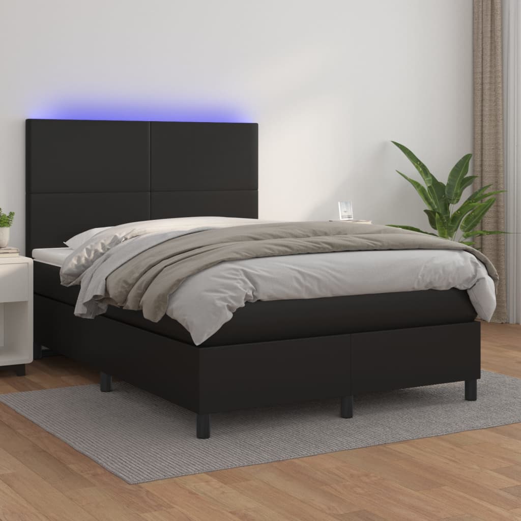 Box Spring Postel S Matrací A Led Černá Umělá Kůže Černá