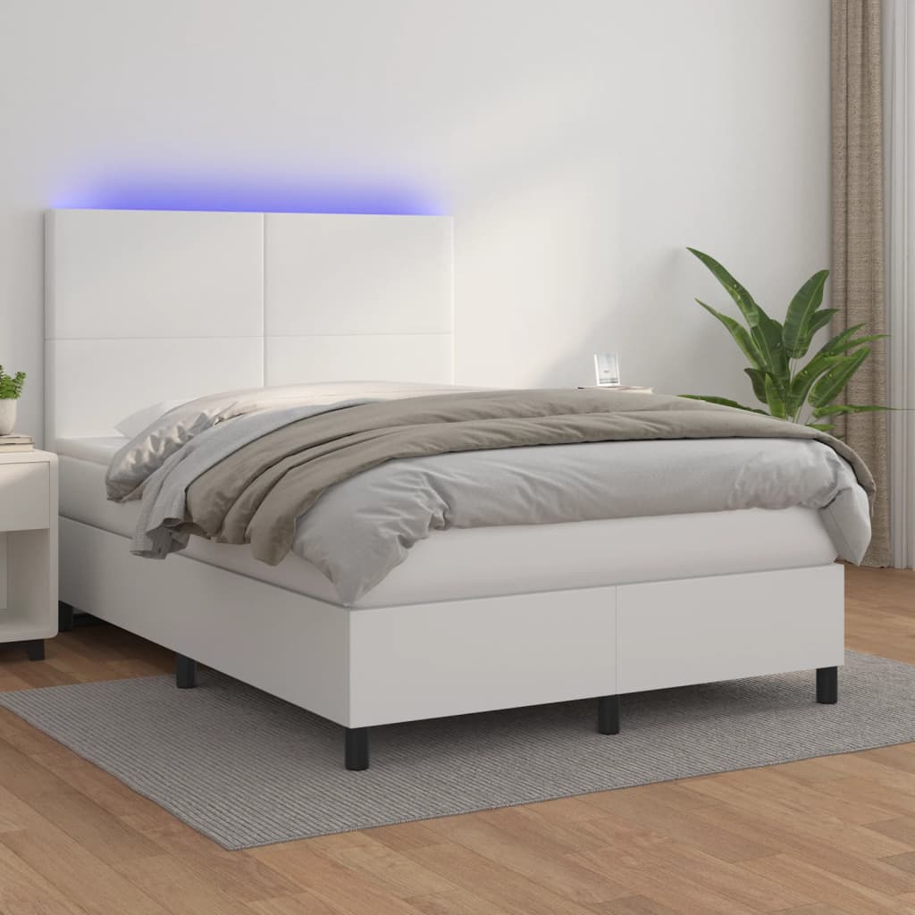 Box Spring Postel S Matrací A Led Umělá Kůže Bílá