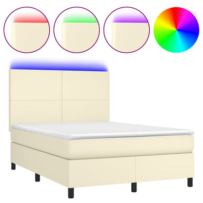 Box Spring Postel S Matrací A Led Krémová 140X200 Cm Umělá Kůže