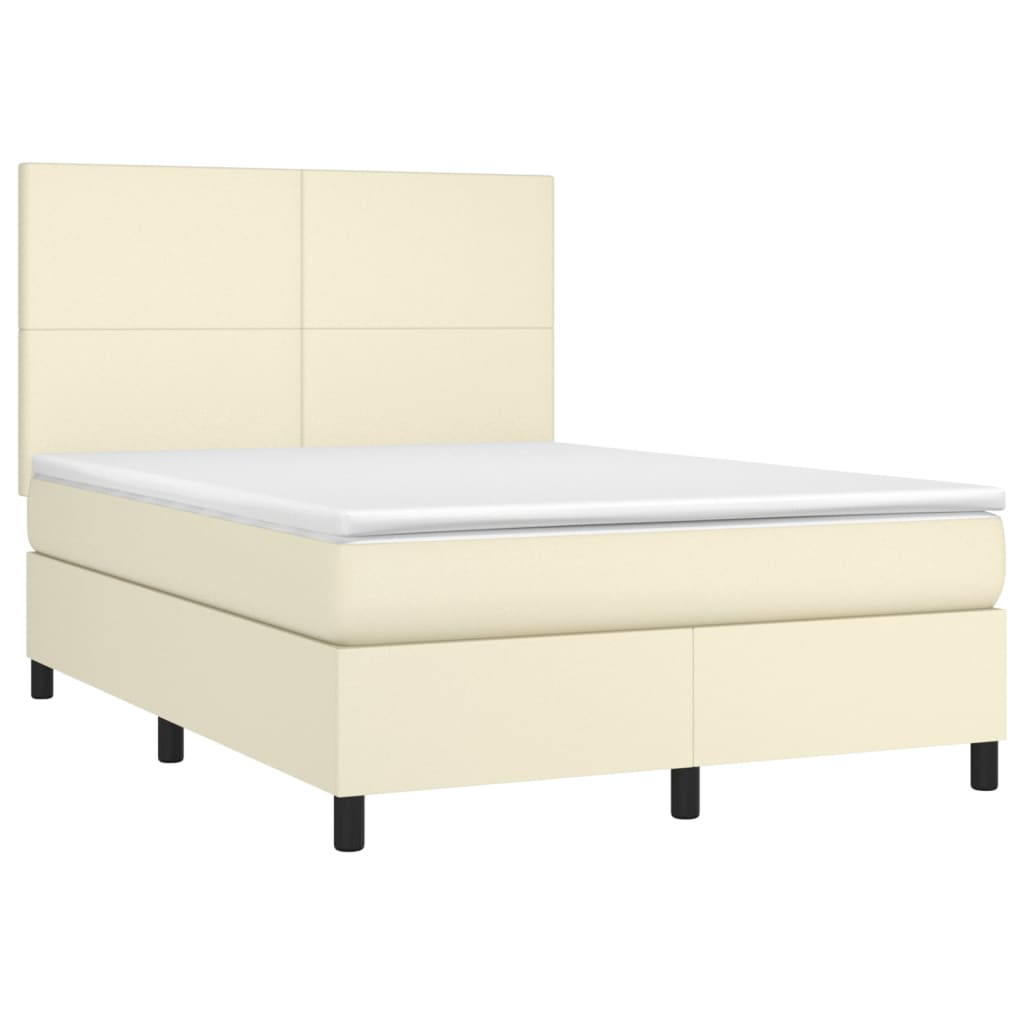 Box Spring Postel S Matrací A Led Krémová 140X200 Cm Umělá Kůže