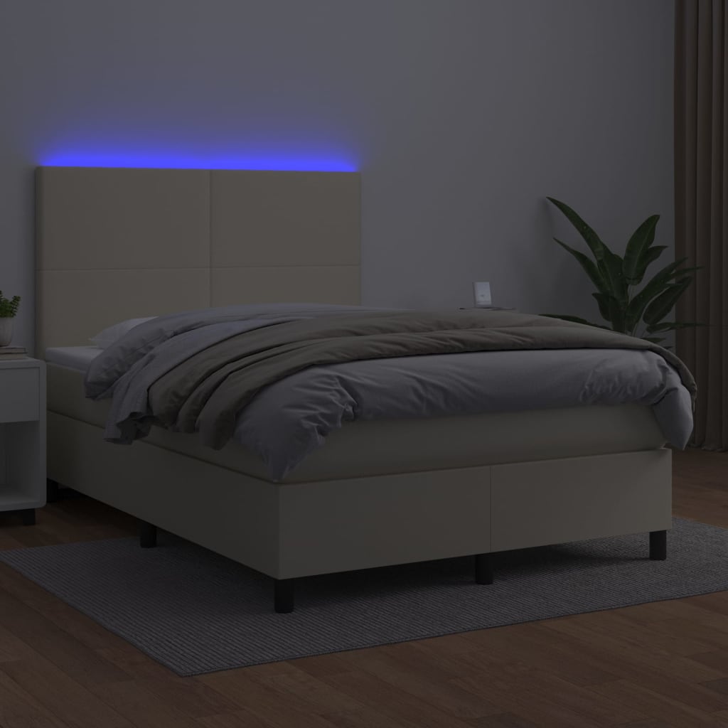 Box Spring Postel S Matrací A Led Krémová 140X200 Cm Umělá Kůže