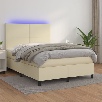 Box Spring Postel S Matrací A Led Krémová 140X200 Cm Umělá Kůže