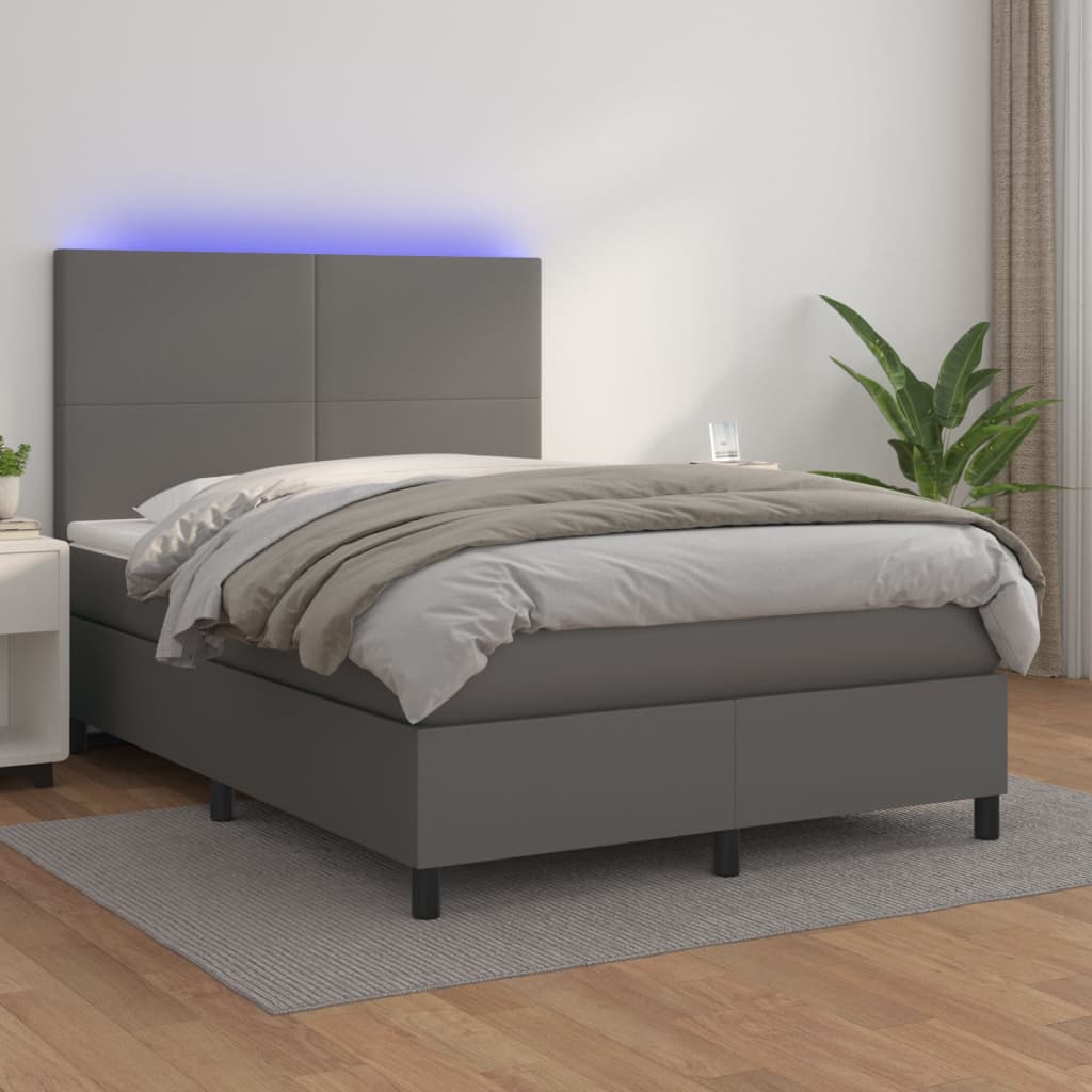 Box Spring Postel S Matrací A Led Šedá Umělá Kůže Šedá