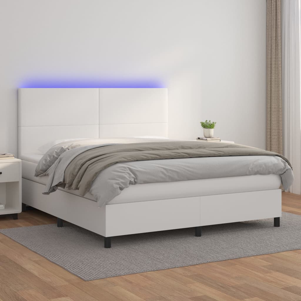 Box Spring Postel S Matrací A Led Umělá Kůže Bílá