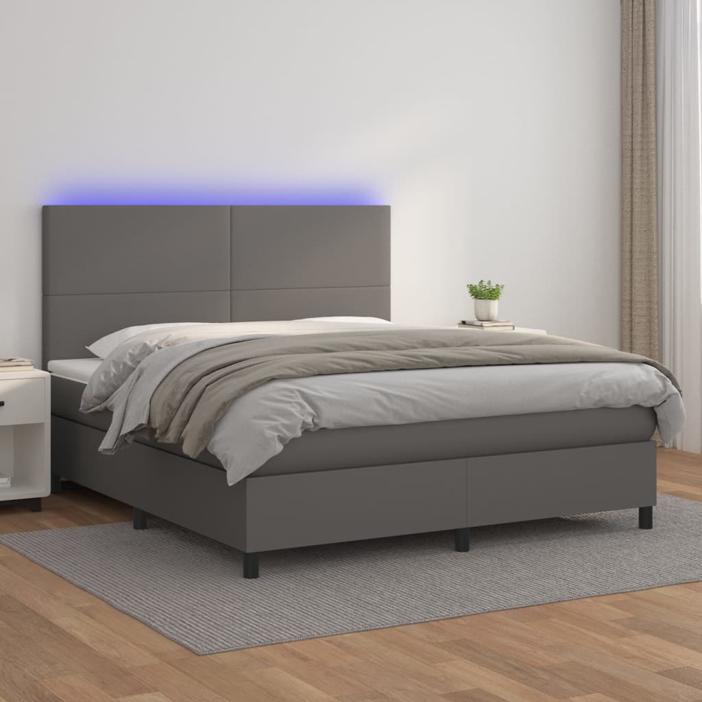 Box Spring Postel S Matrací A Led Šedá Umělá Kůže Šedá