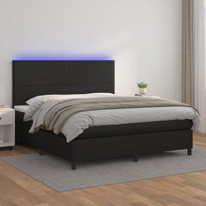 Box Spring Postel S Matrací A Led Černá Umělá Kůže Černá