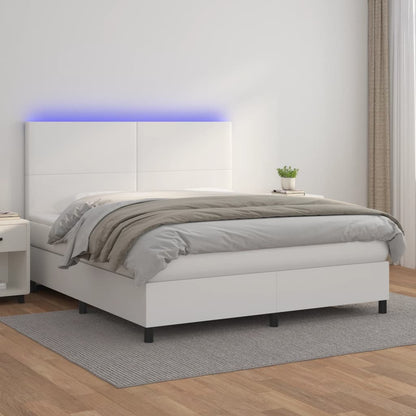Box Spring Postel S Matrací A Led Umělá Kůže Bílá