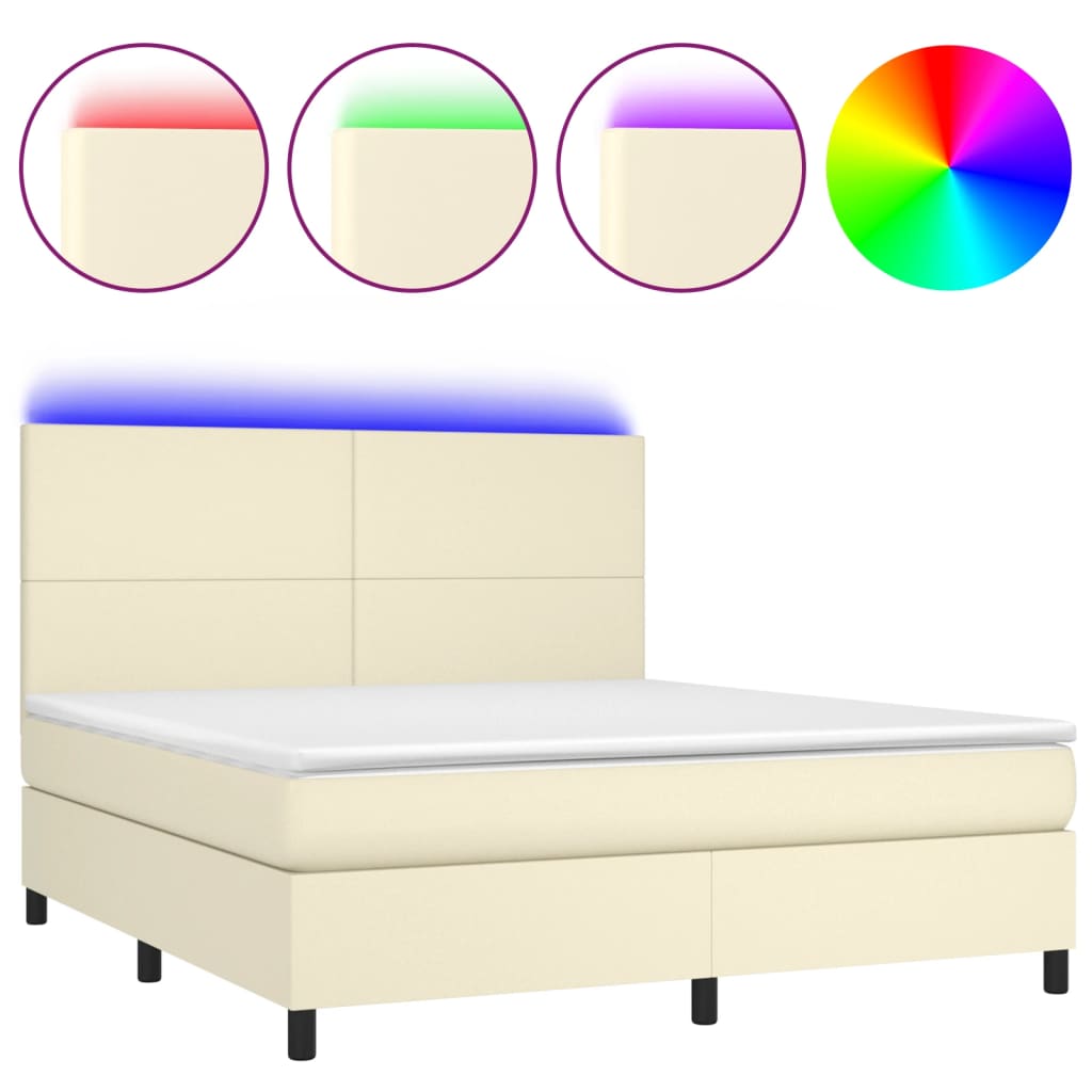 Box Spring Postel S Matrací A Led Krémová 180X200Cm Umělá Kůže