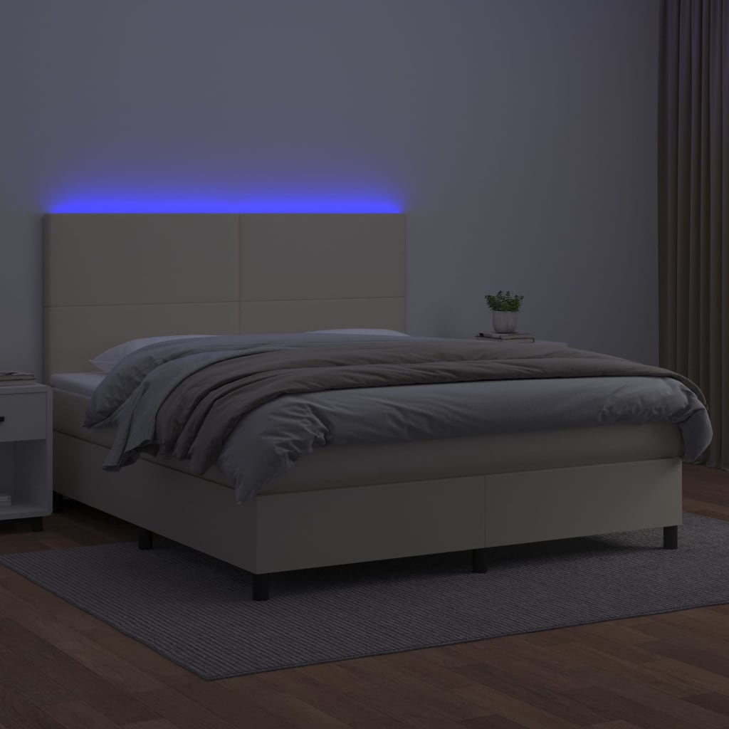 Box Spring Postel S Matrací A Led Krémová 180X200Cm Umělá Kůže