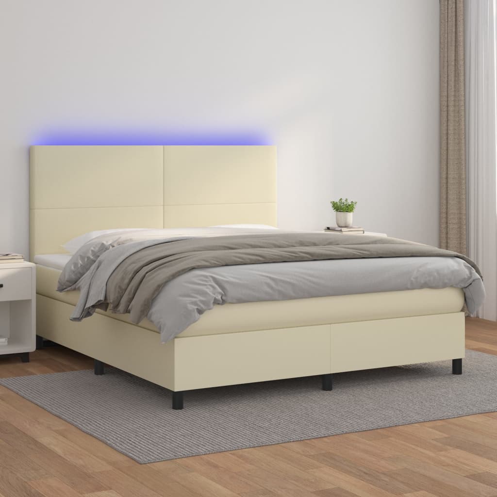 Box Spring Postel S Matrací A Led Krémová 180X200Cm Umělá Kůže