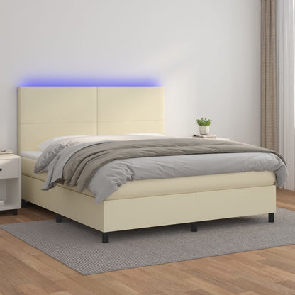 Box Spring Postel S Matrací A Led Krémová 180X200Cm Umělá Kůže