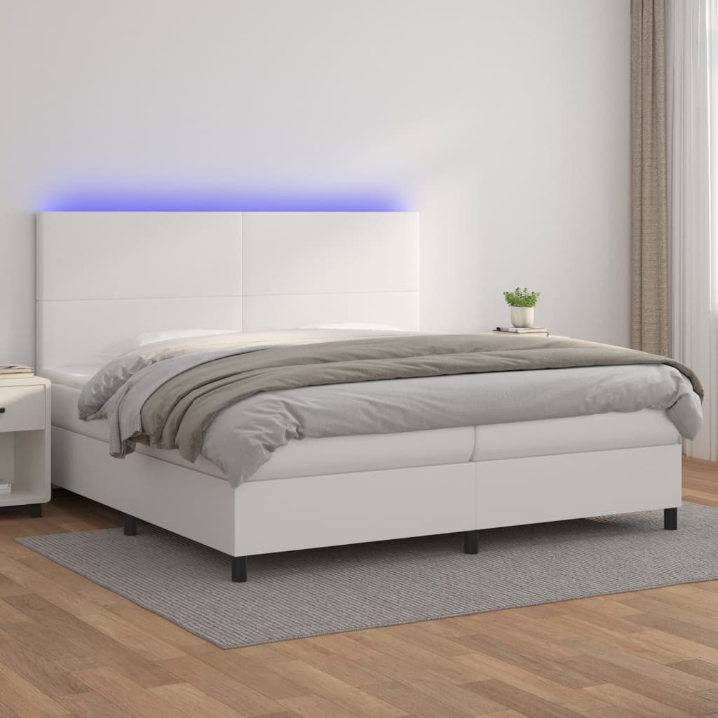 Box Spring Postel S Matrací A Led Umělá Kůže Bílá