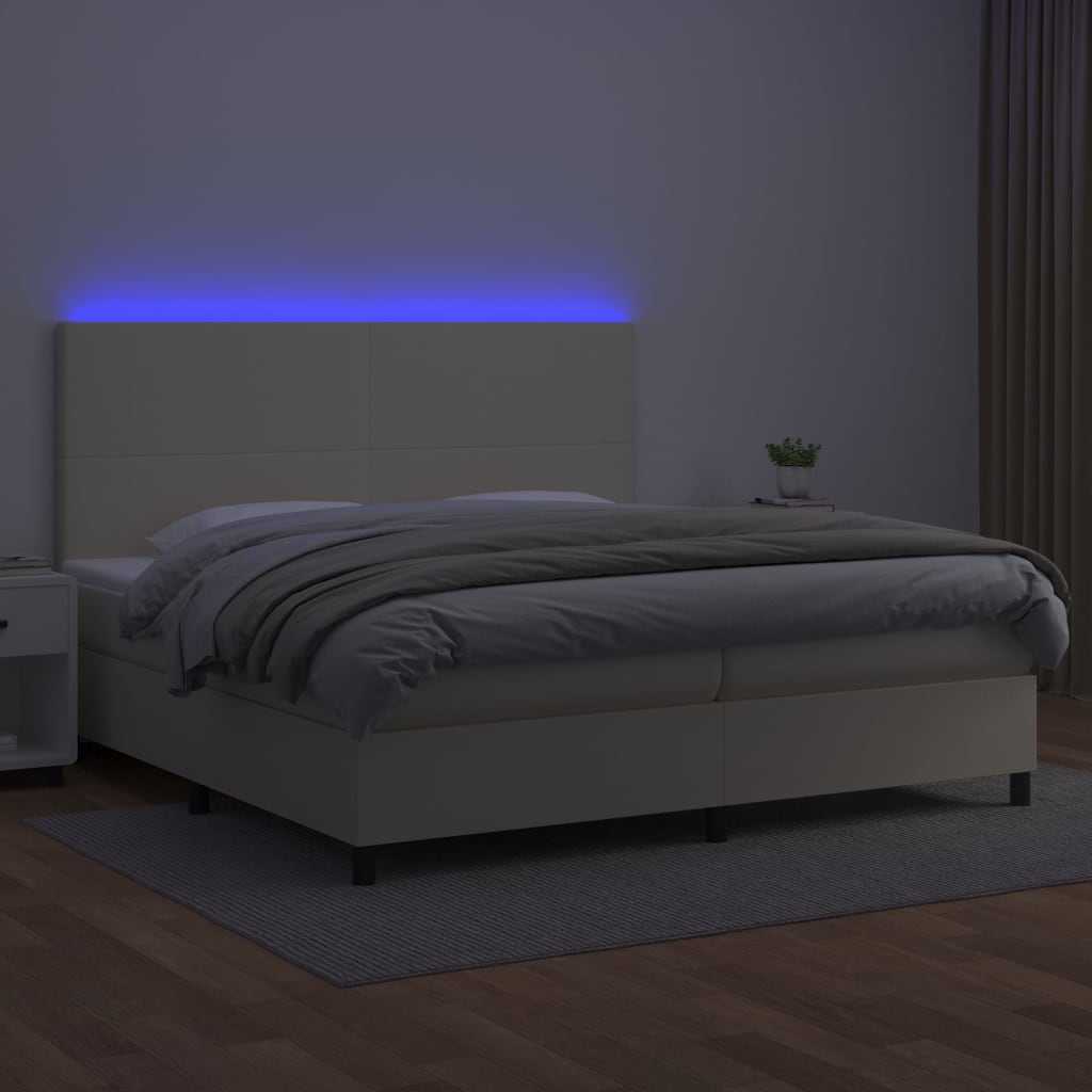 Box Spring Postel S Matrací A Led Krémová 200X200 Cm Umělá Kůže