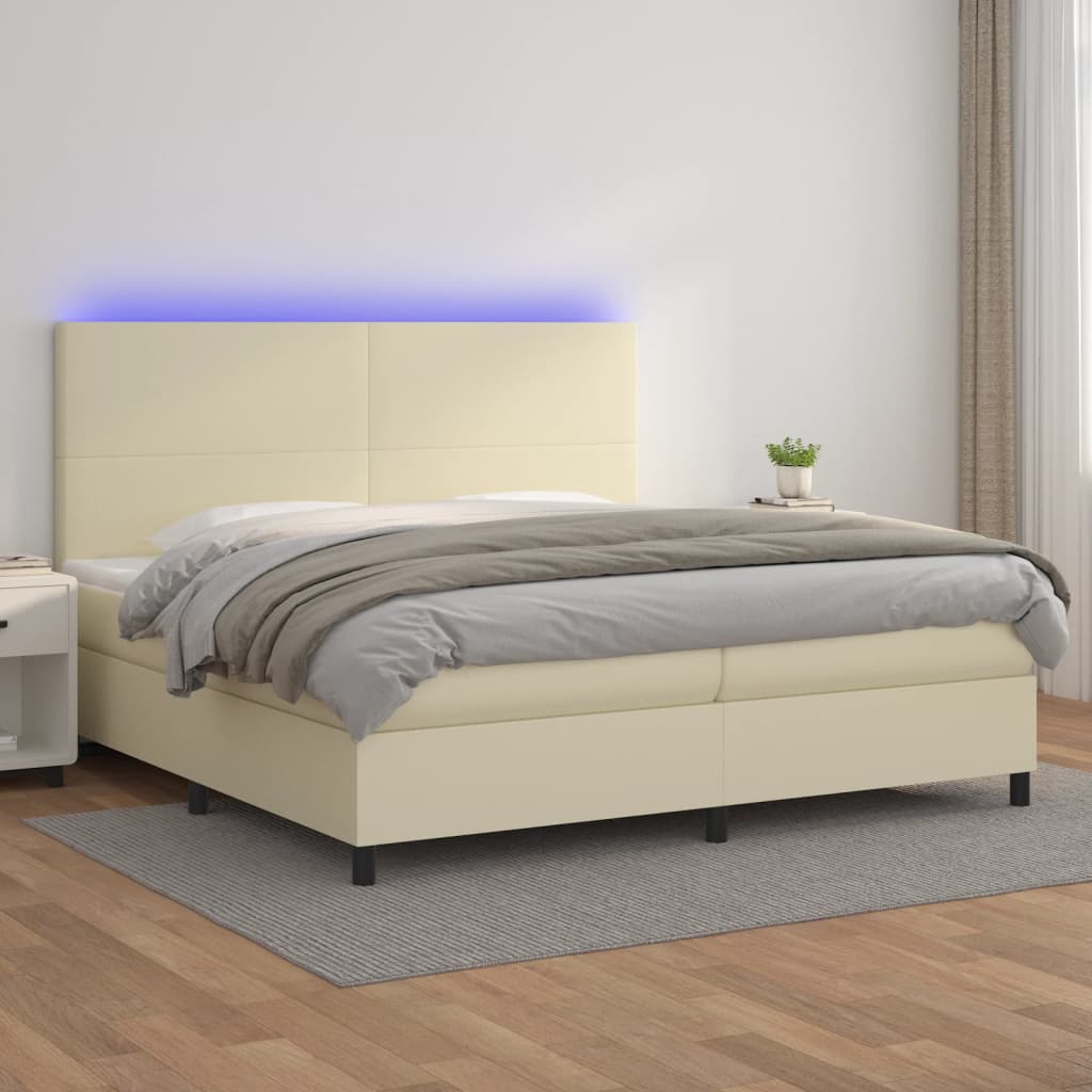 Box Spring Postel S Matrací A Led Krémová 200X200 Cm Umělá Kůže