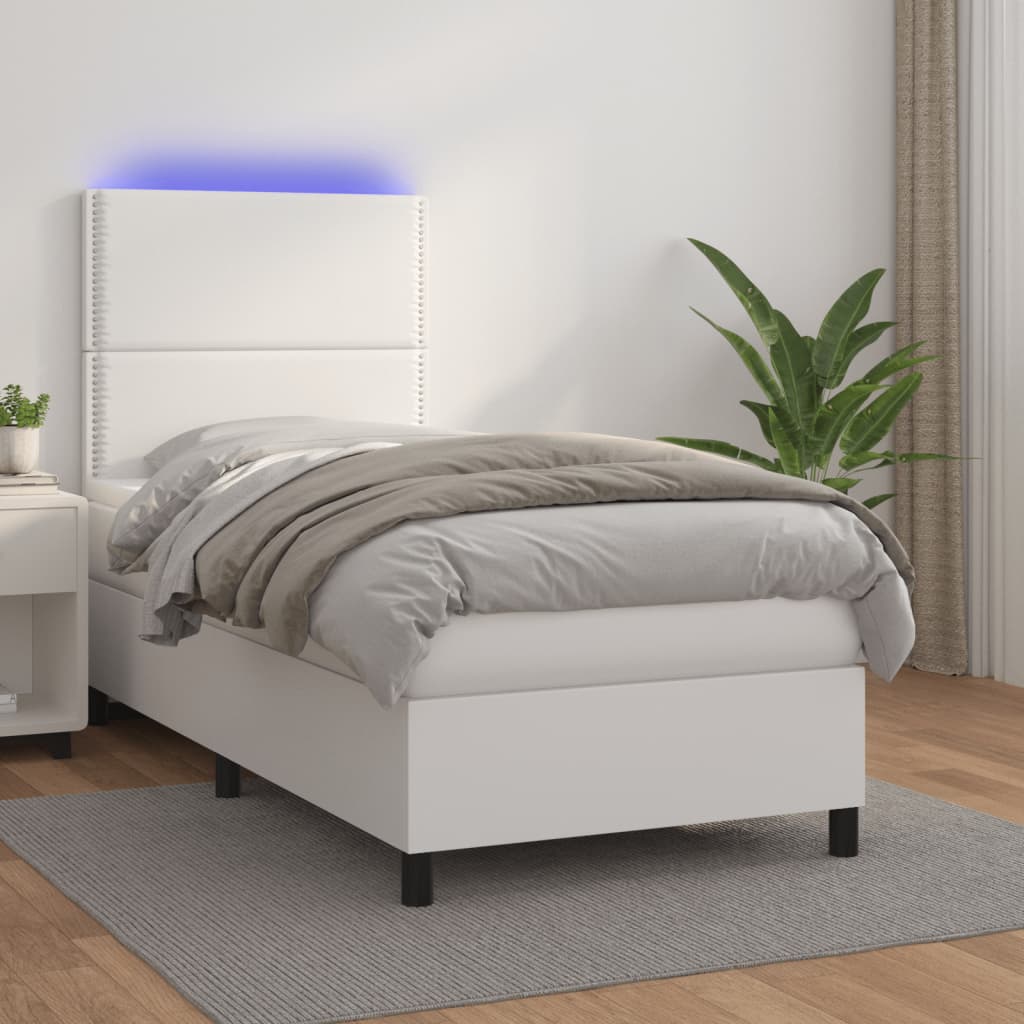Box Spring Postel S Matrací A Led Umělá Kůže Bílá