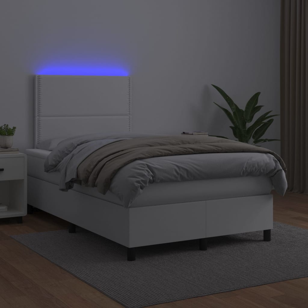 Box Spring Postel S Matrací A Led Umělá Kůže Bílá