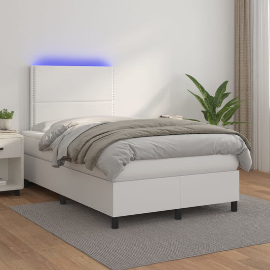 Box Spring Postel S Matrací A Led Umělá Kůže Bílá