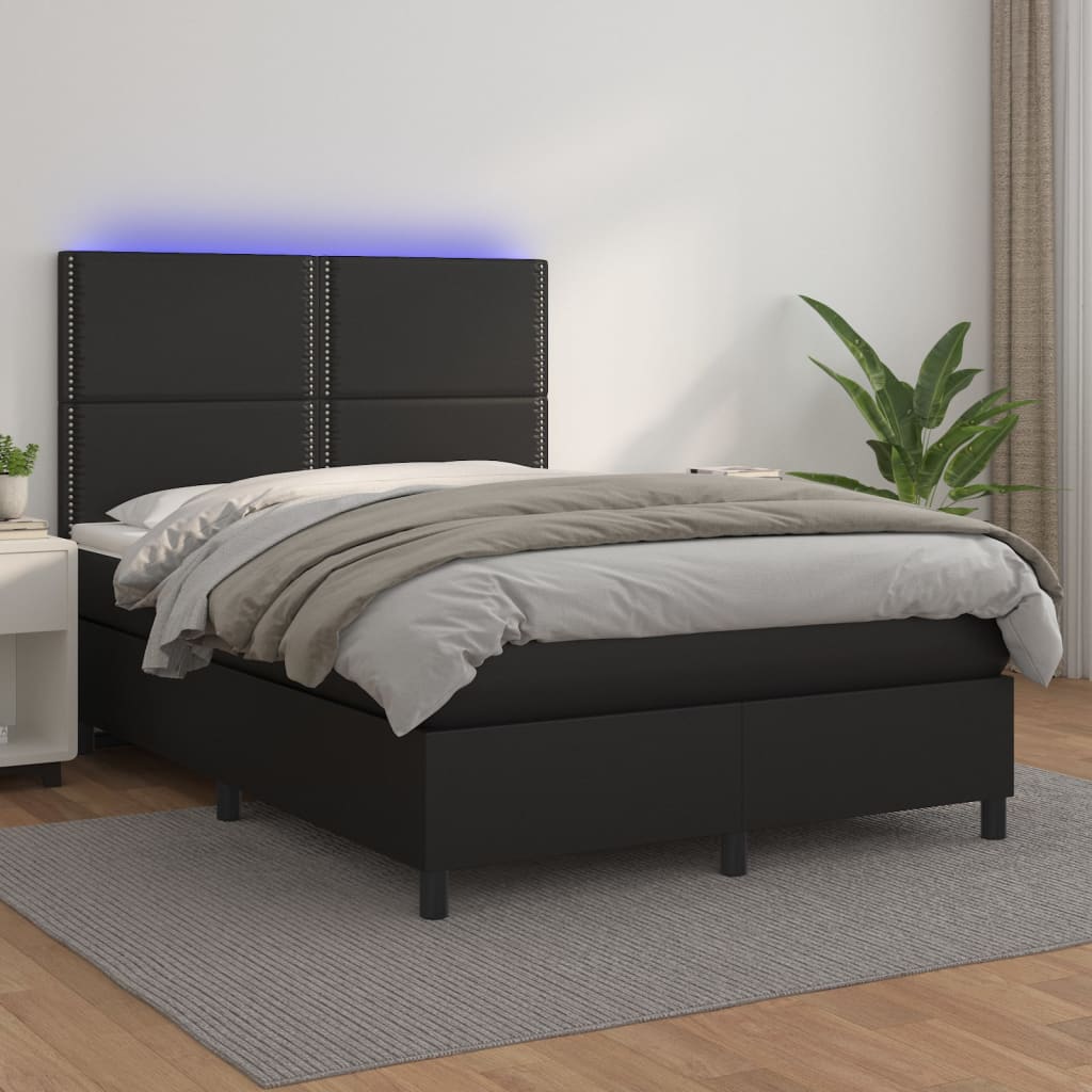 Box Spring Postel S Matrací A Led Černá Umělá Kůže Černá
