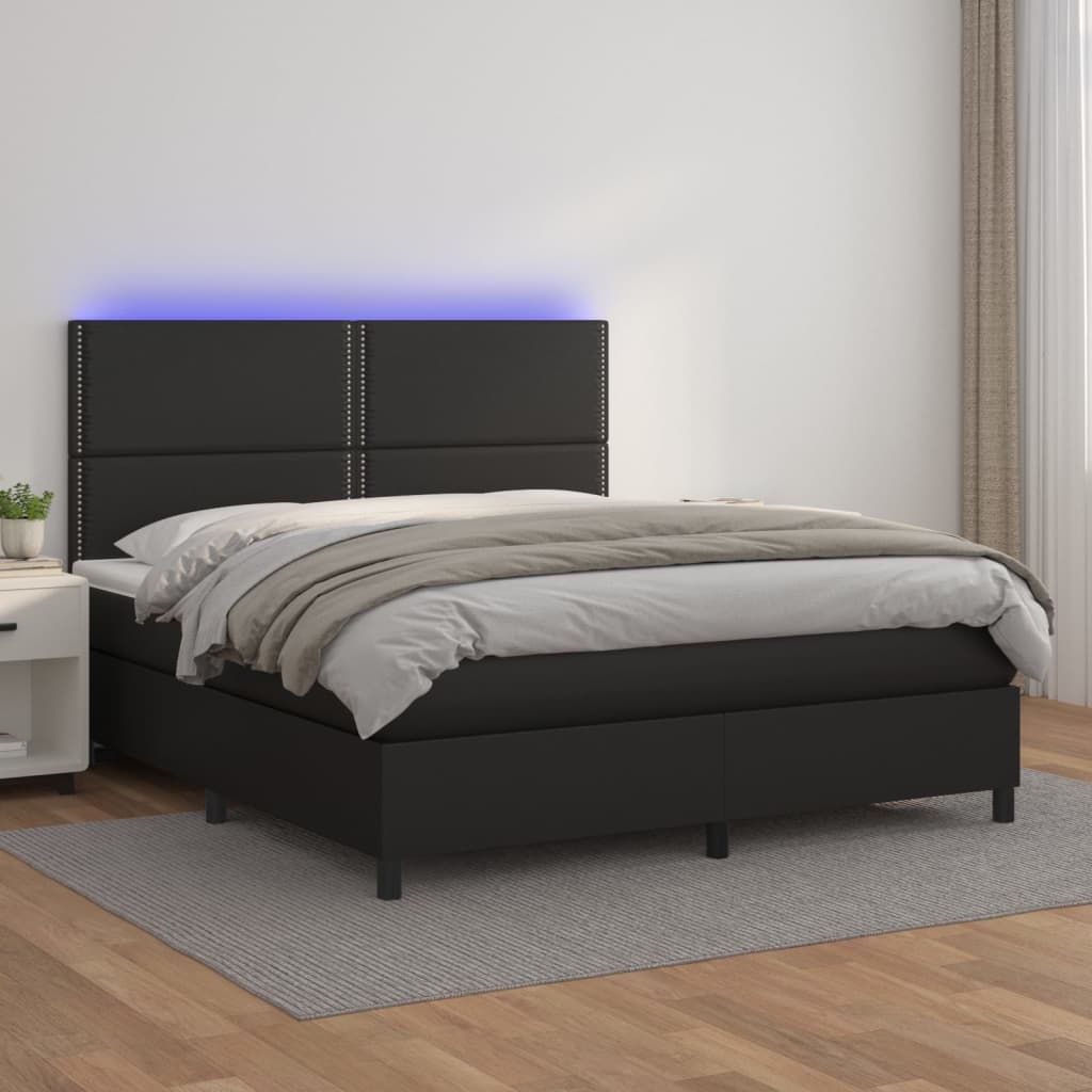 Box Spring Postel S Matrací A Led Černá Umělá Kůže Černá
