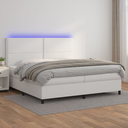 Box Spring Postel S Matrací A Led Umělá Kůže Bílá