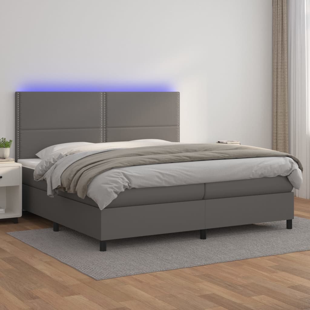 Box Spring Postel S Matrací A Led Šedá Umělá Kůže Šedá