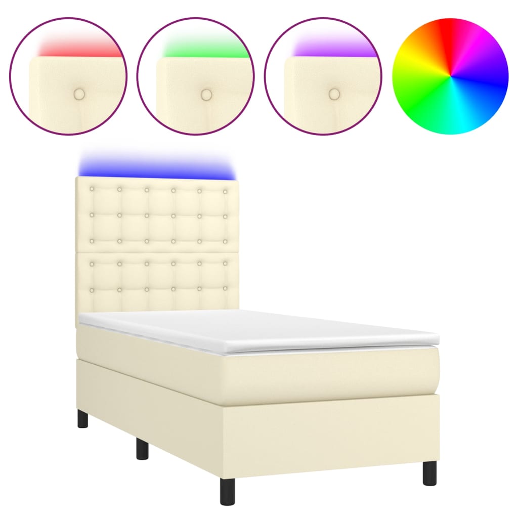 Box Spring Postel S Matrací A Led Krémová 80X200 Cm Umělá Kůže