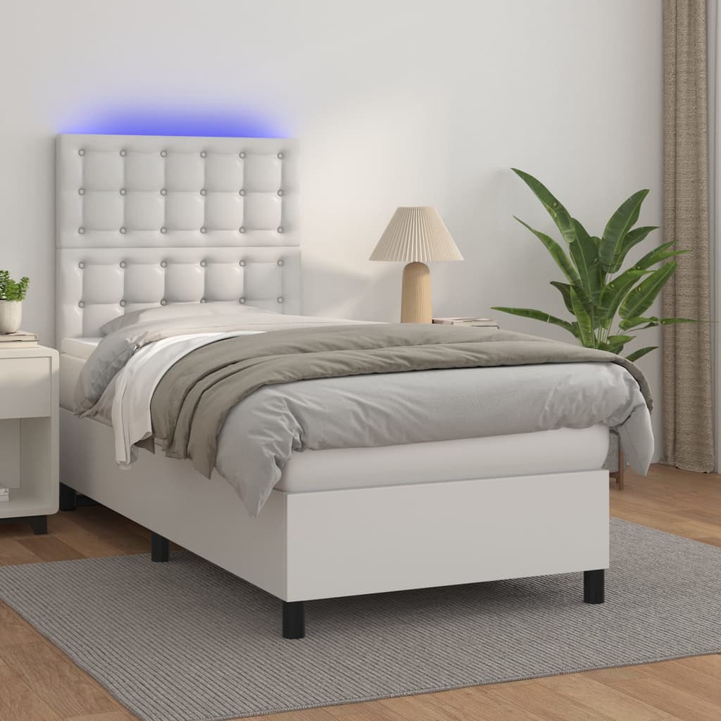 Box Spring Postel S Matrací A Led Umělá Kůže Bílá